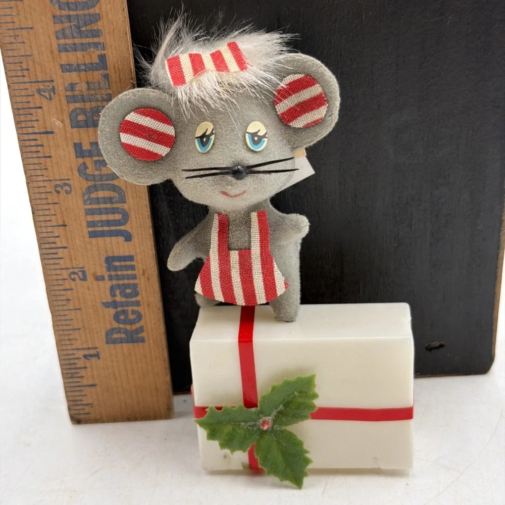 Vintage Flocked Mouse Mice MCM Kitschy Ornament Package Tie